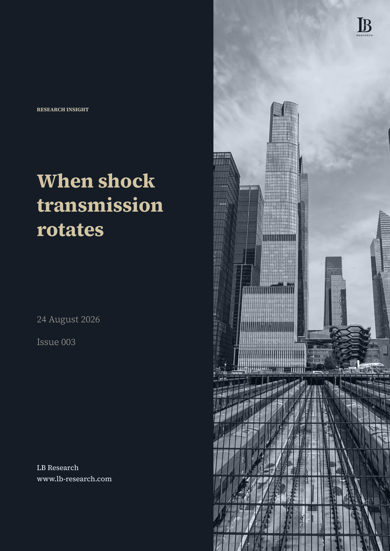 Cover of LB Research issue 003, titled When shock transmission rotates, beside a black-and-white photograph of rail tracks and city towers.
